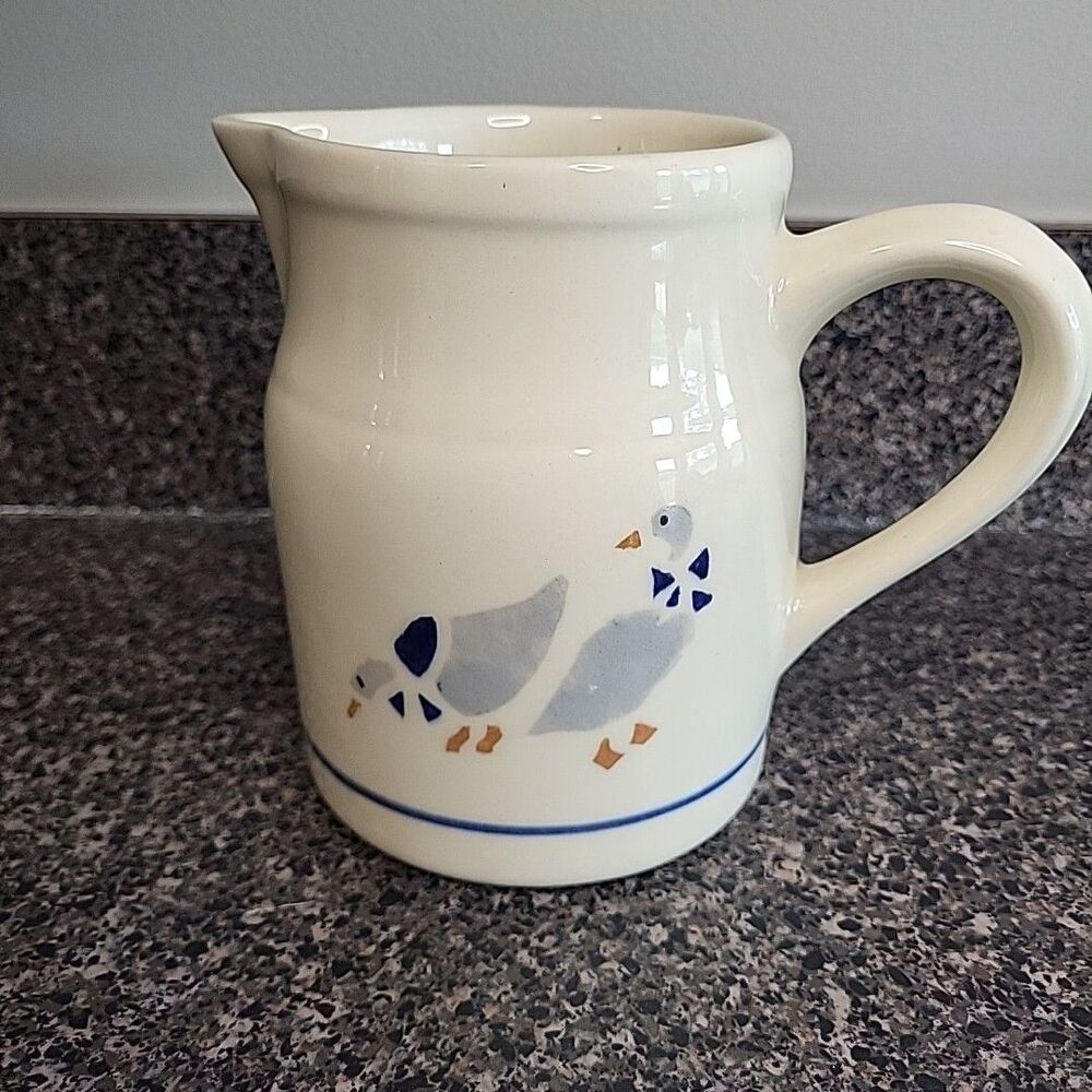 VINTAGE Friendship Pottery Roseville OH Pitcher Blue Stripe & Geese Cottagecore
